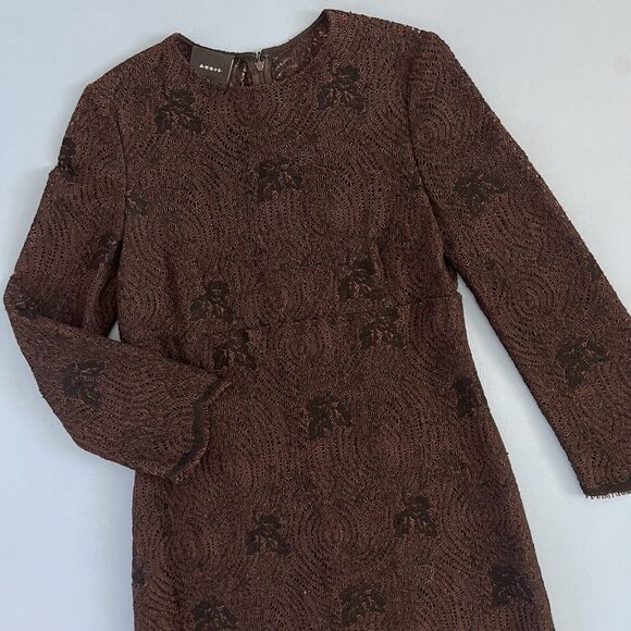 Akris Brown Silk Blend Long Sleeve Leaves Knit Crochet Shift Dress - Picture 3 of 6
